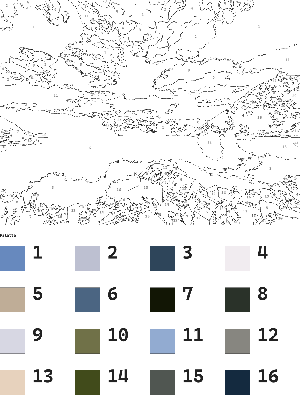 A printed blank canvas: black outlines with small grey numbers, and a colour key underneath.